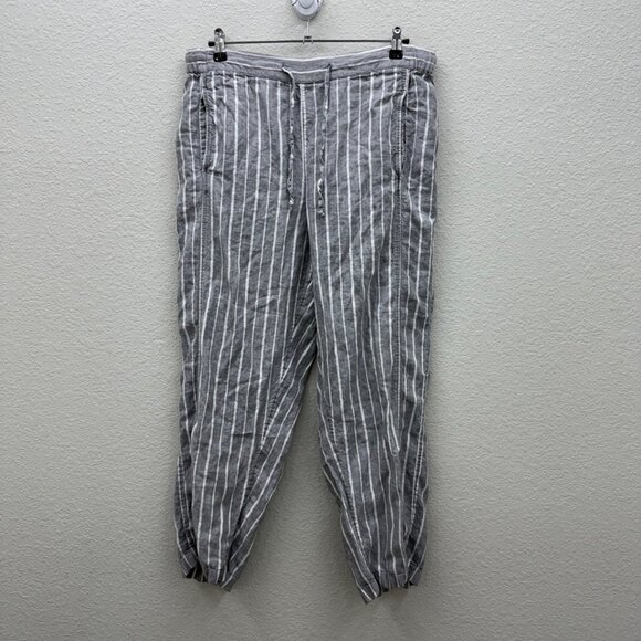 Coldwater Creek Grey Stripe Linen Drawstring Waist Pants w Pockets Womens Large - Picture 1 of 8